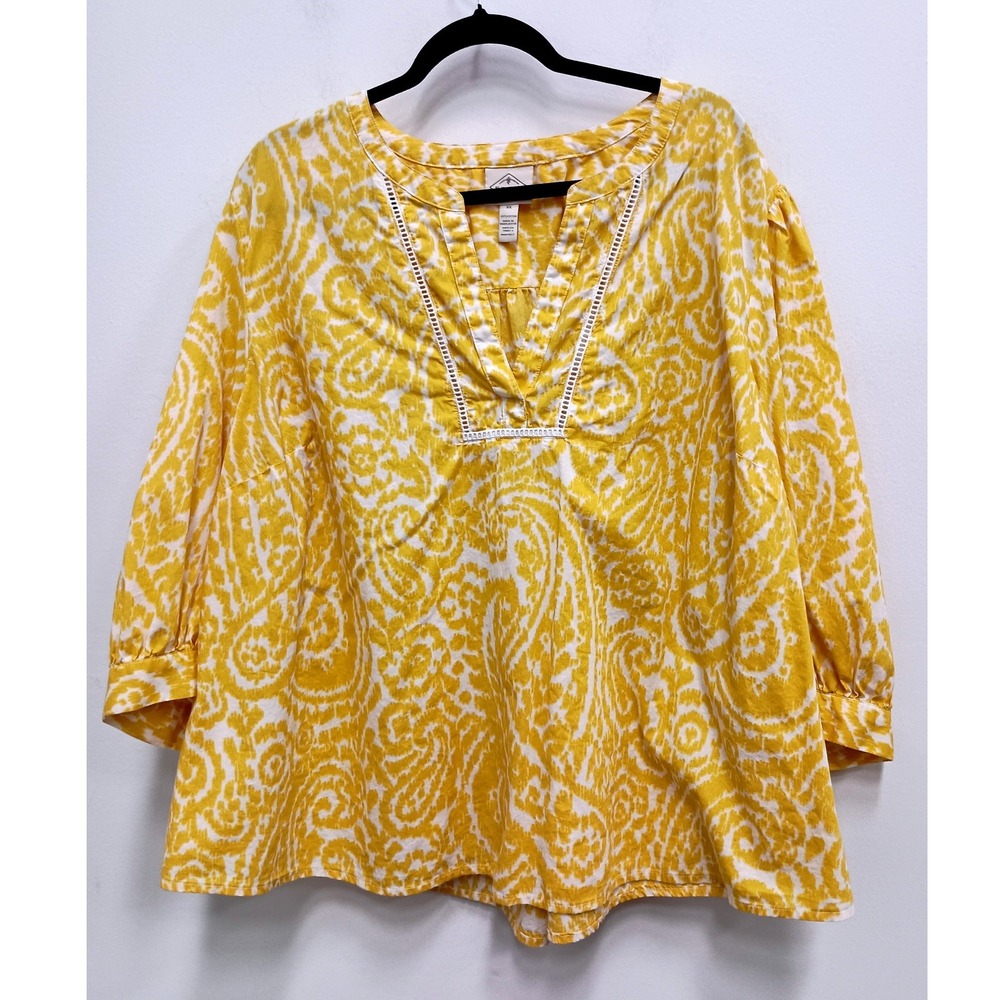 St John's Bay Blouse Womens 3X Yellow Paisley Cotton Boho Peasant V-Neck Top